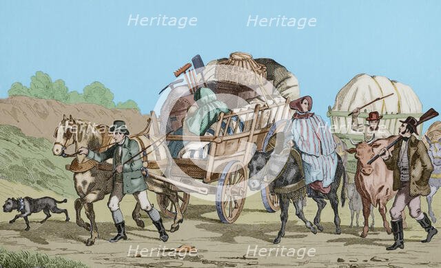 Emigrants on carts heading out West, United States, 1837, (1850).   Creator: Emile Louis Vernier.