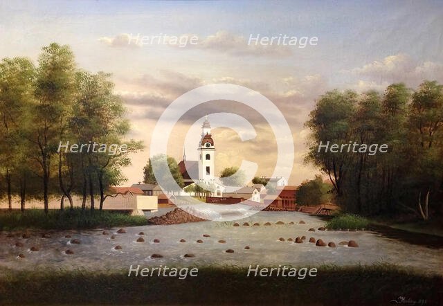 Scene in Gavle with Gavlean, Kallbadhus and Holy Trinity Church, 1890. Creator: Unknown.