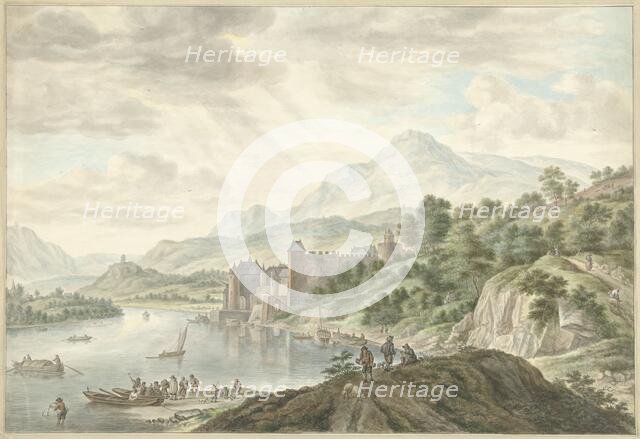 Hilly landscape with a castle on a river, 1795. Creator: Abraham Delfos.