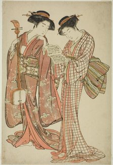 Two Geisha Holding a Shamisen and a Song Book, c. 1777. Creator: Kitao Shigemasa.
