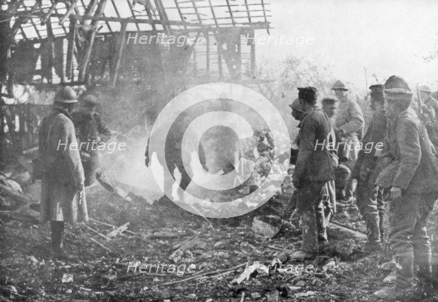 French troops using flamethrowers to flush out Germans from their shelters, Cantigny, France, 1918. Artist: Unknown