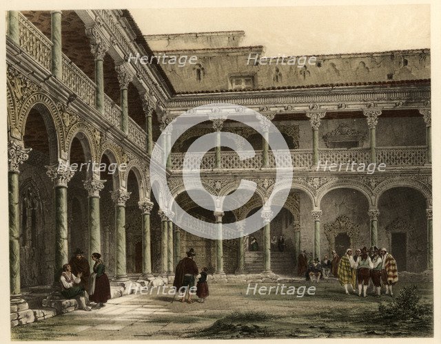 Courtyard of the archbishop Palace of Alcalá de Henares, with scene of life and traditional costu…