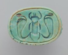 Faience Scarab Depicting a Beetle Flanked by Cobras, 18th-26th dynasties (1569-525 BCE) or modern. Creator: Unknown.