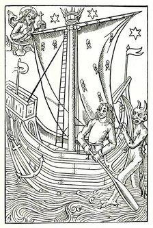God and Satan vying for the soul of man, who is navigating the ocean of vices, c1490, (1896).  Creator: Unknown.