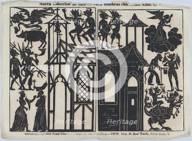 Sheet 5 of figures for Chinese shadow puppets, 1859. Creator: Juan Llorens.