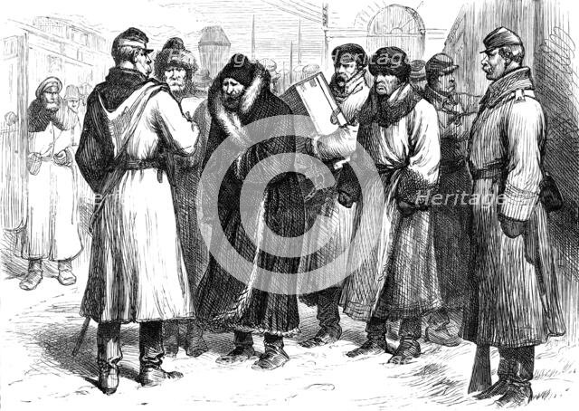Sketches of the Crisis in Russia: prisoners at a railway station, 1880. Creator: Unknown.
