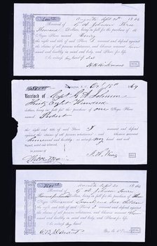 Slave bills of sale; Three sales receipts issued in New Orleans, Louisiana, 1861. Creator: Unknown.