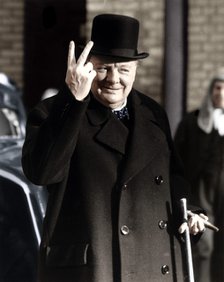 Winston Churchill making his famous V for Victory sign, 1942. Artist: Unknown