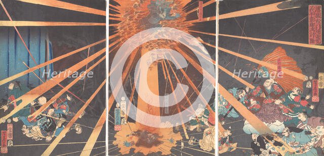 The Ghost of Akugenta Taking Revenge on Nanba at the Nunobiki Waterfall, 1856, 2nd month. Creator: Utagawa Yoshifusa.