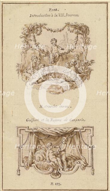 Nine Children Listening to a Girl Tell a Story; A Boy Handing a Purse to a Girl Seated..., c. 1757. Creator: Hubert Francois Gravelot.