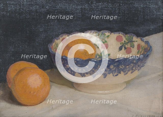 Still life with patterned bowl and oranges, probably 1920s/30s. Creator: George Clausen.