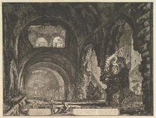 The so-called Villa of Maecenas at Tivoli. Interior with two figures in the opening of..., ca. 1764. Creator: Giovanni Battista Piranesi.