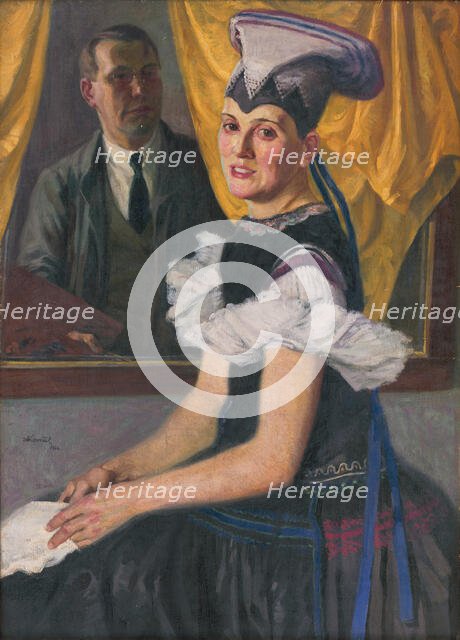 Self-Portrait with a Model in Folk Costume, 1922. Creator: Andrej Kovacik.