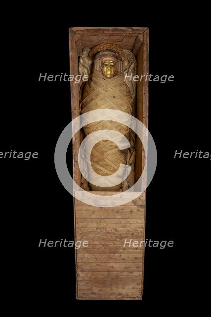 Ptolemaic coffin, mummy with gilt mask and floral garlands, Roman Period (Egypt), c30BC-AD641. Artist: Unknown.