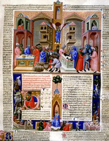 Market of the merchants, Miniature in the 'Codice Justiniano Institutiones Feodorum et Alia', ill…