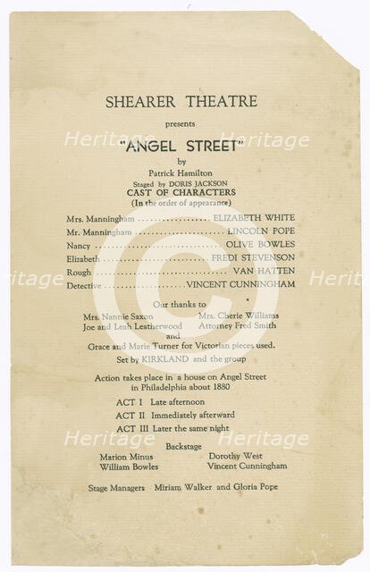 Cast list for the Shearer Players' production of Angel Street, 1951. Creator: Unknown.