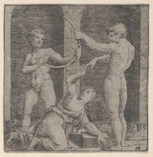 A woman kneeling at centre reaching up with her right hand to place a ring on the f..., ca. 1510-27. Creator: Marcantonio Raimondi.