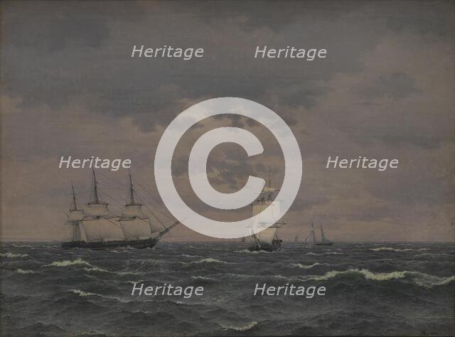 A Frigate Reefing Sails in a Freshening Wind and some other Ships, 1836. Creator: CW Eckersberg.