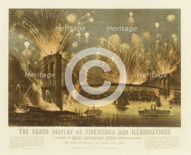 The Grand Display of Fireworks and Illuminations at the Opening of the Great Suspension Br..., 1883. Creators: Nathaniel Currier, James Merritt Ives, Currier and Ives.
