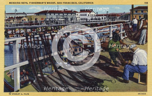 Mending nets, Fisherman's Wharf, San Francisco, California, USA, 1940. Artist: Unknown