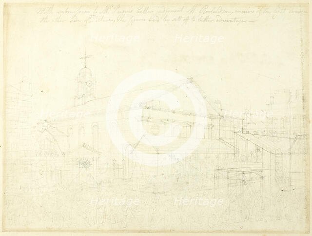 Study for Covent Garden Market, Westminster Election, from Microcosm of London, c. 1808. Creator: Augustus Charles Pugin.