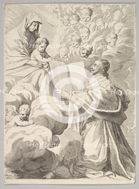 Cardinal Richelieu, Kneeling, Presents His Book to the Virgin and Child, ca. 1646. Creator: Claude Mellan.