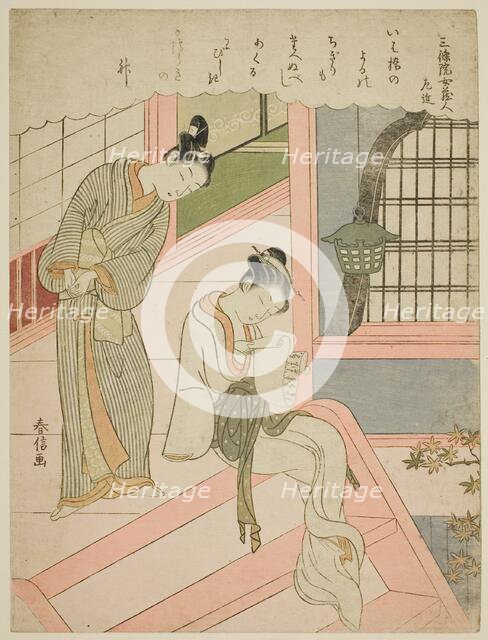 Poem by Sanjo'in no Nyokurodo Sakon, from an untitled series of Thirty-Six Immortal Poets, c.1767/68 Creator: Suzuki Harunobu.