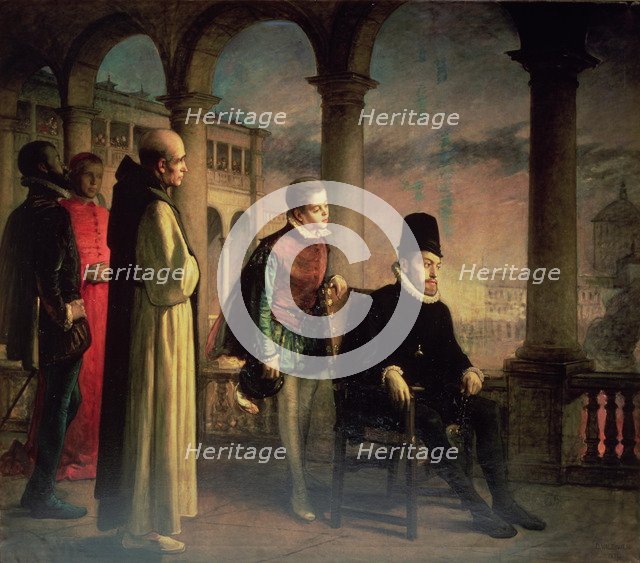 Felipe II witnessing an act of faith, preserved painting at the Central University of Barcelona b…