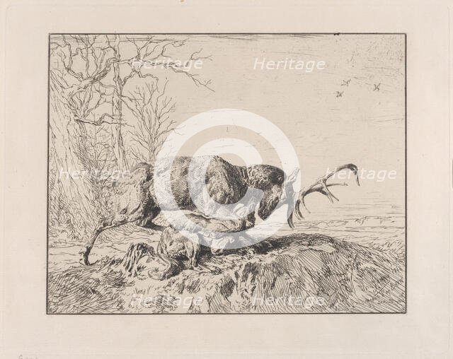 Stag Fighting a Wolf, after Antoine Louis Barye, 1846. Creator: Charles Emile Jacque.