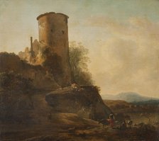 Italian mountain landscape with castle ruins, animals and figures, first half of 17th century. Creator: Adam Pynacker.