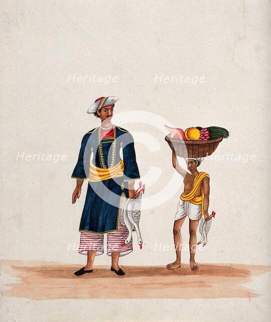 A man carrying two ducks followed by a servant carrying a basket of fruit, (between 1800 and 1899?). Creator: Unknown.