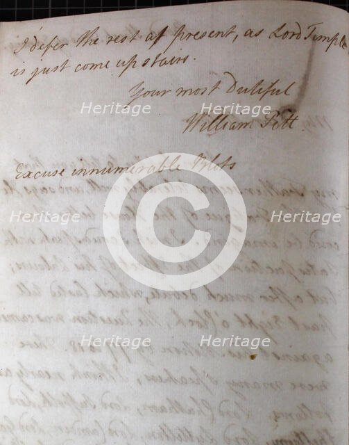 Letter from William Pitt, 1770s. Creator: William Pitt the Younger.