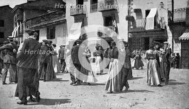 Country dance after a church service on feast days, Andorra, 1922.Artist: JT Parfit