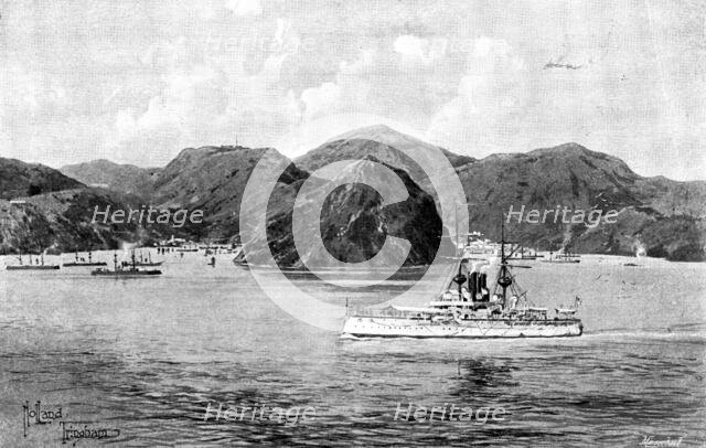 The War in Eastern Asia: the "Centurion" passing Ta-Lien-Whan Bay..., 1895. Creator: George Meisenbach.