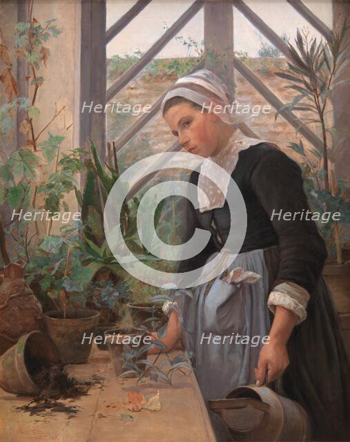 Breton Girl Looking After Plants in the Hothouse, 1884. Creator: Anna Petersen.