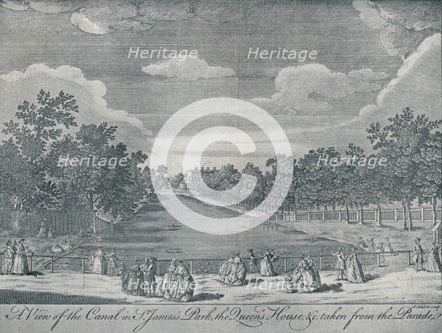 'The Canal in St. James's Park with the Queen's House taken from the Parade', 1794, (1910). Artists: Unknown, John Stevens.