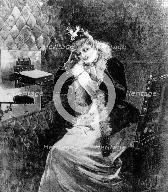 A woman on the telephone, c late 19th century. Artist: Unknown