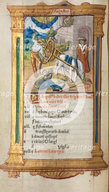 Printed Book of Hours (Use of Rome): fol. 9v, August calendar illustration, 1510. Creator: Guillaume Le Rouge (French, Paris, active 1493-1517).