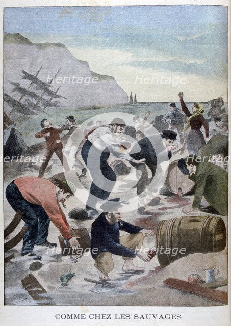 People salvaging items from a shipwreck on the Isle of Wright, 1902. Artist: Unknown