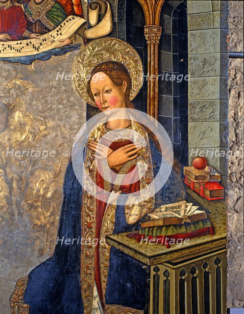 The Annunciation', detail of the Virgin, painting on table from the church of the Blood of Alcove…