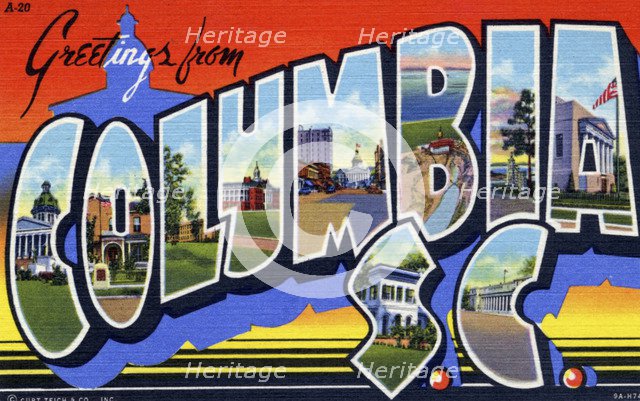 'Greetings from Columbia, South Carolina', postcard, 1939. Artist: Unknown
