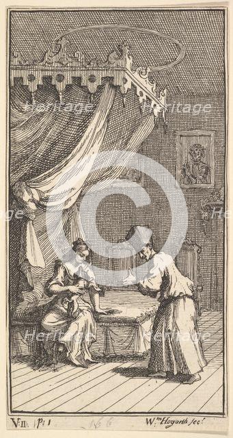 The New Metamorphosis, Plate 5: Fantasio, Transformed into a Lapdog, in the with Donna The..., 1724. Creator: William Hogarth.
