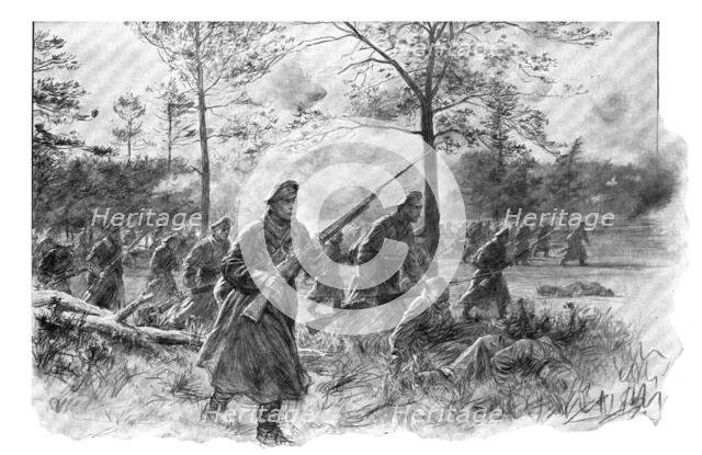 'Les dernieres victoires Russes; Arrivant au terrain decouvert, les fantassins russes se dressent et Creator: Unknown.