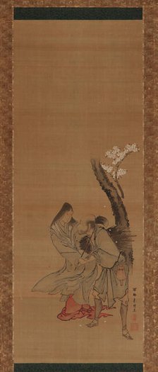 A woman and a wood gatherer under a cherry tree, late 18th-early 19th century. Creator: Tawaraya Sori.