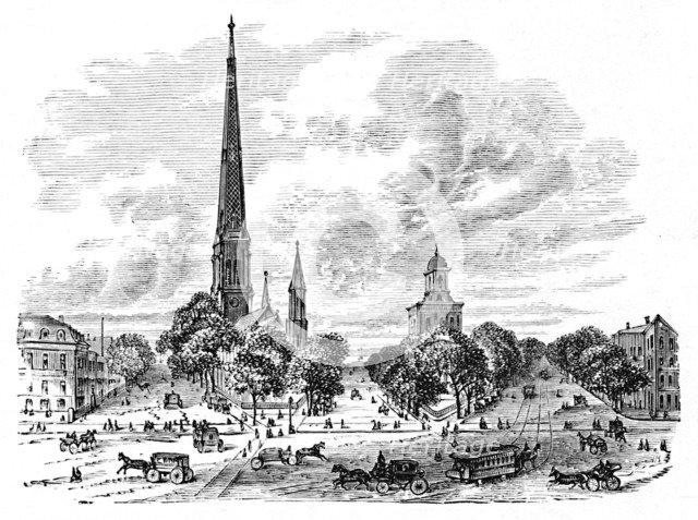 'Main Street, Buffalo, opposite the Churches', 1883. Artist: Unknown.