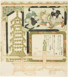 No. 7: Votive paintings of Six Immortal poets, flying geese, and a pagoda made of..., c. 1810's. Creator: Kubo Shunman.