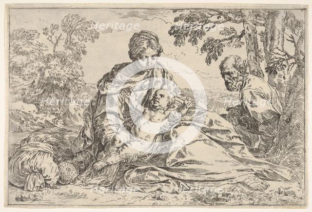 Rest on the flight into Egypt, Mary holding the infant Christ with St. Joseph..., ca. 1640 or after. Creator: Unknown.