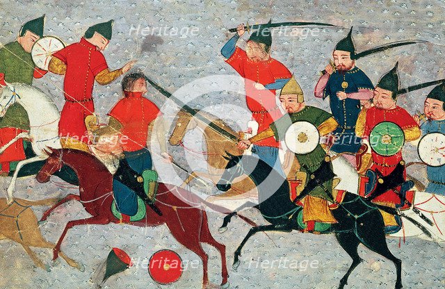 Ghenghis Khan in combat. Miniature from Jami' al-tawarikh (Universal History), ca 1430. Artist: Anonymous  