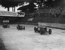 Frazer-Nash, MG and HRG racing at Brooklands, 1938 or 1939. Artist: Bill Brunell.