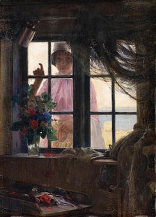 After the Bath. A Young Girl Knocking at the Fisherman's Window, 1884. Creator: Carl Bloch.
